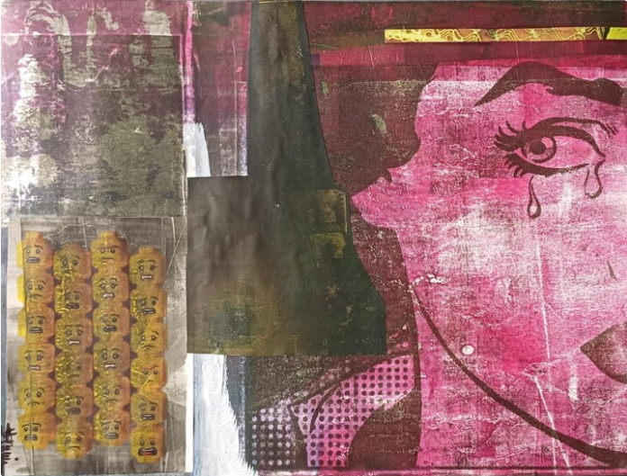 "Leaving Paris" by Sébastien Vernier (acrylique et collages sur papier Canson, 24x32 cm). For sale 35 €.