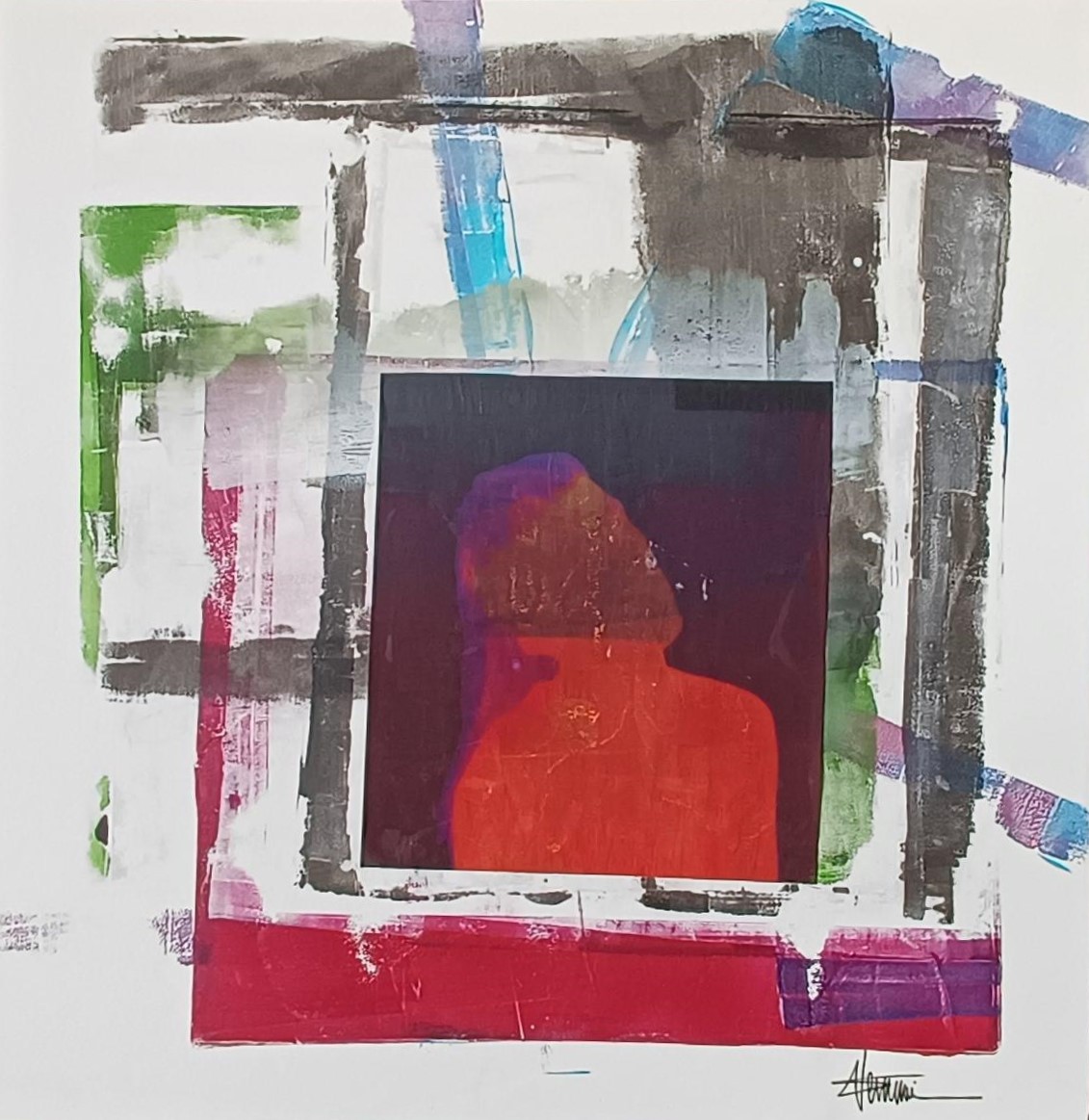 "The prisoner" by Sébastien Vernier (acrylique et collage sur paper board, 50x50 cm). For sale 90 €.
