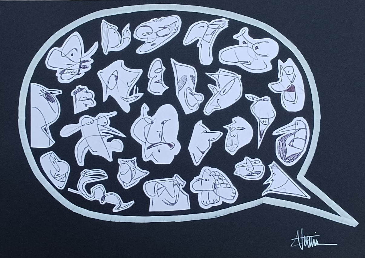 "La bulle" by Sébastien Vernier (posca, stylo bille, collages sur papier Canson, 42x30 cm). For sale 250 €.
