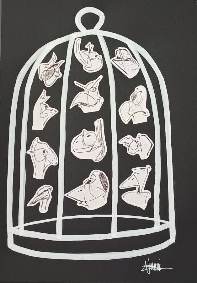 "La cage aux oiseaux" by Sébastien Vernier (posca, stylo bille, collages sur papier Canson, 30x42 cm). For sale 120 €.