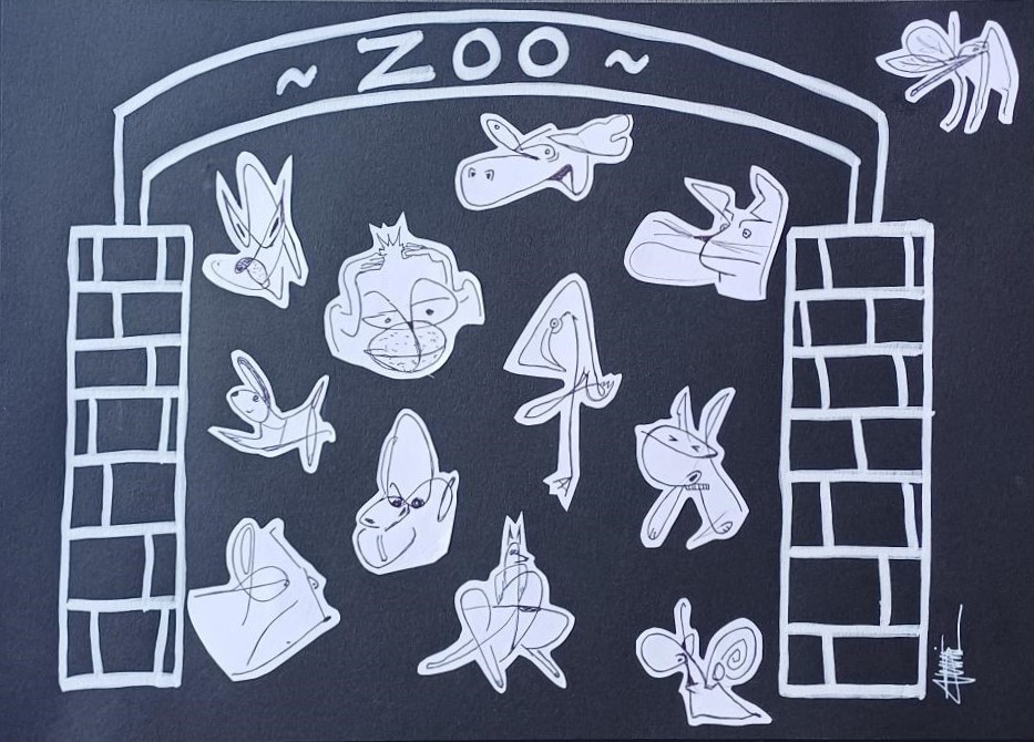 "Un dimanche au zoo" by Sébastien Vernier (posca, stylo bille, collages sur papier Canson, 42x30 cm). For sale. 120 €