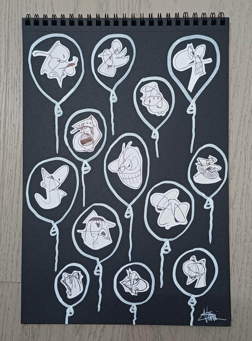 "Balloons" by Sébastien Vernier (Posca, stylo bille, collages sur papier Canson, 30x42 cm). For sale. A vendre. 130 €
