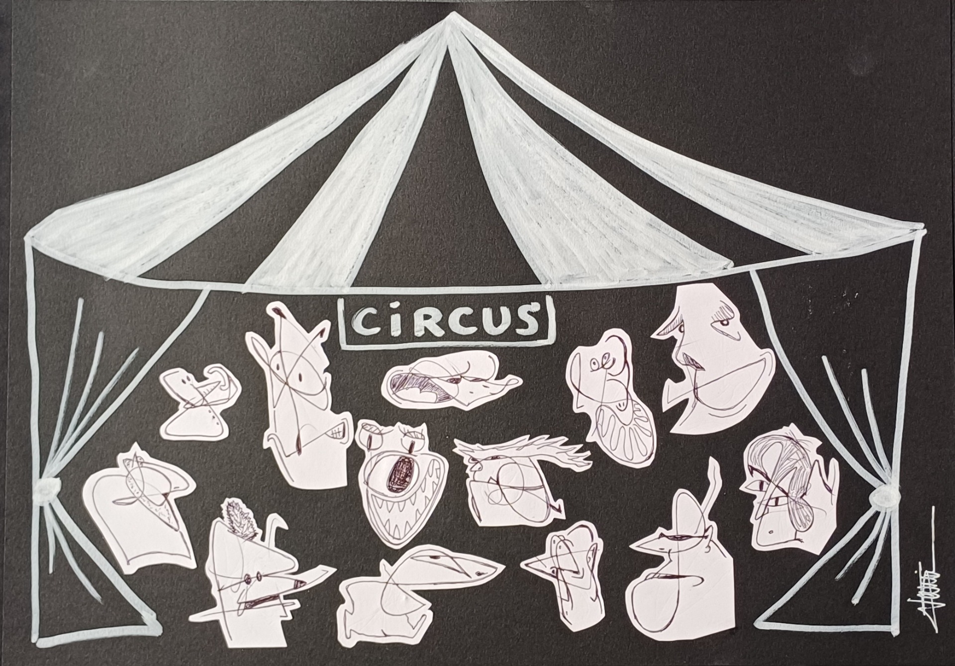"Circus" by Sébastien Vernier (Posca, stylo bille et collage sur papier Canson, 42x30 cm). For sale. A vendre. 130 €