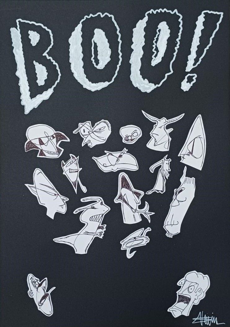 "B O O !" by Sébastien Vernier (Posca, stylo bille et collage sur papier Canson, 30x42 cm). For sale. A vendre. 150 €