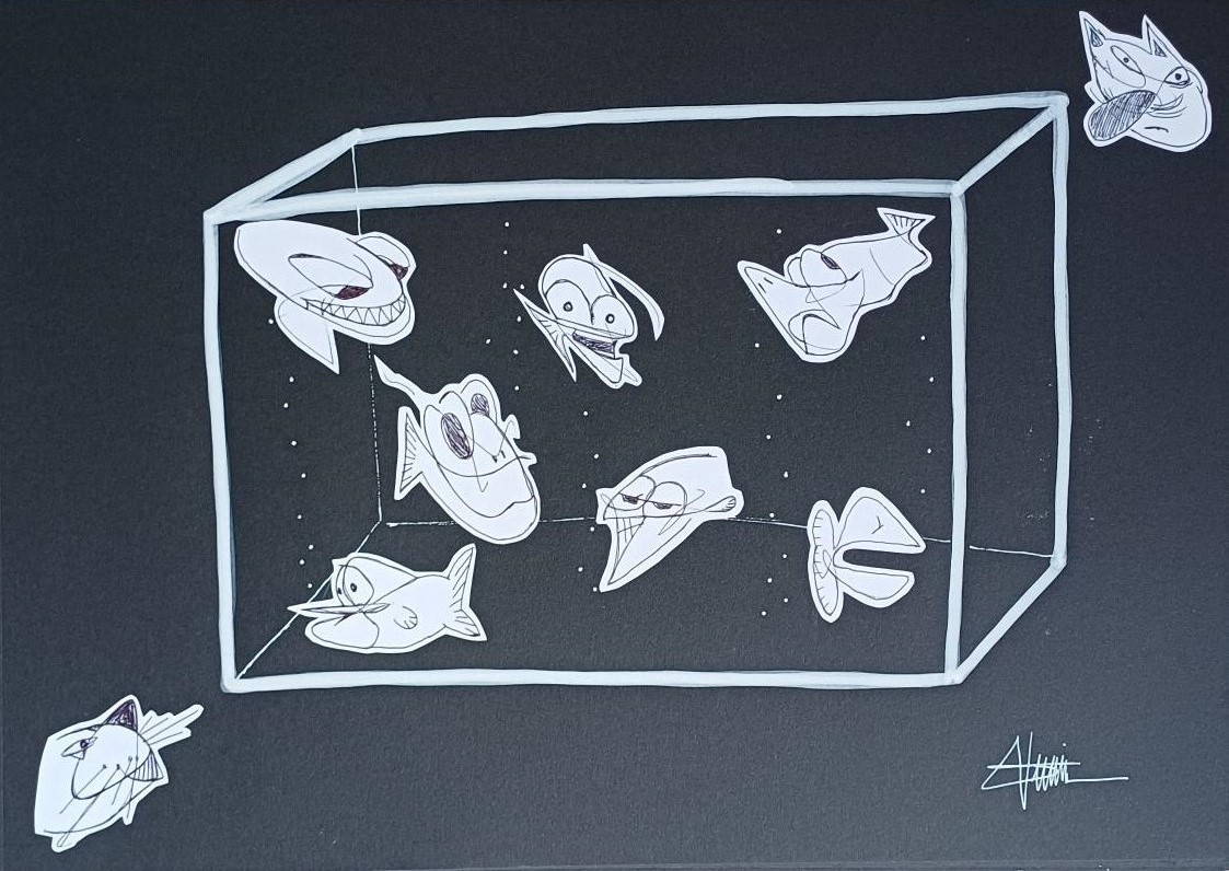 "L'aquarium" by Sébastien Vernier (Posca, stylo bille et collages sur papier Canson, 42x30 cm). For sale. A vendre. 90€