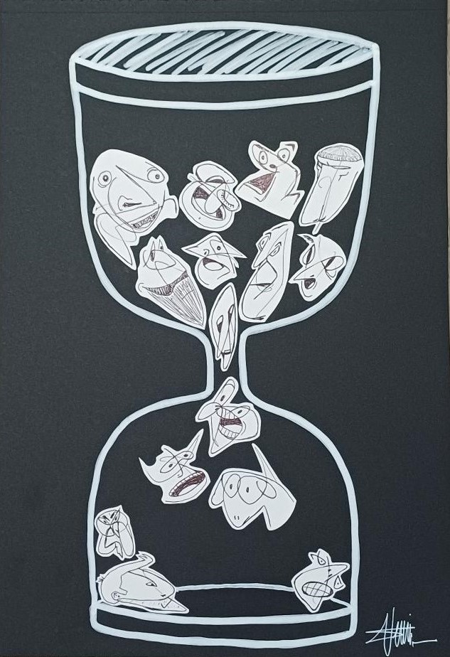 "Le sablier" by Sébastien Vernier (Posca, stylo bille et collages sur papier Canson, 30x42 cm). For sale. A vendre.150€