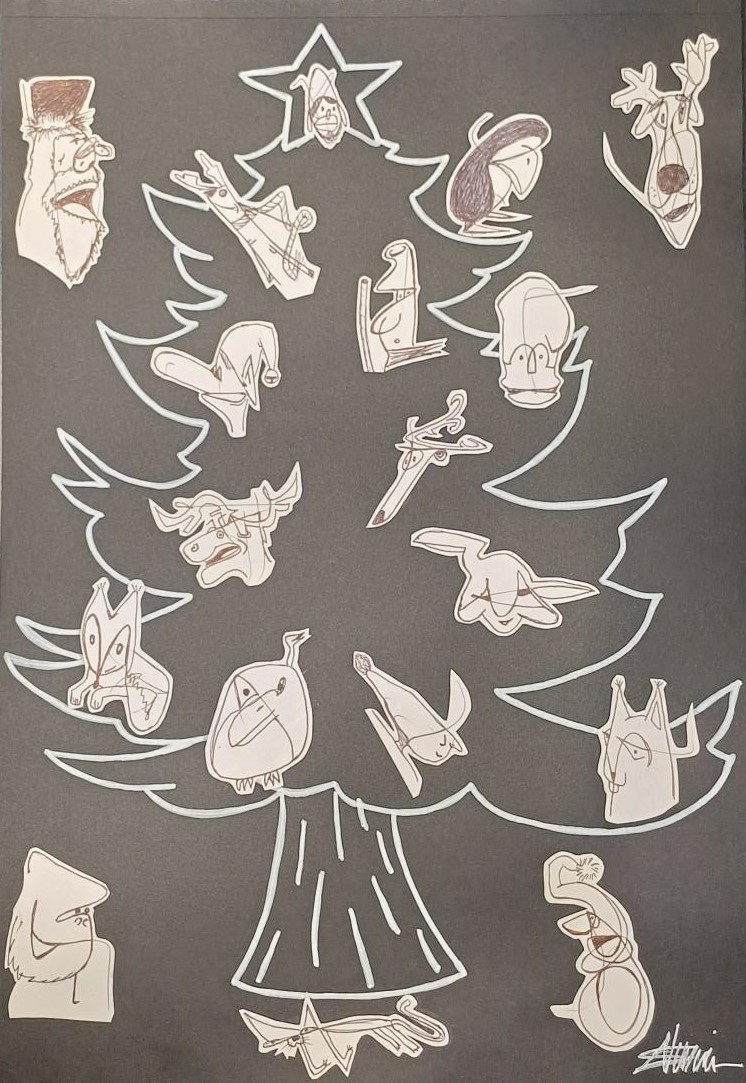 "Christmas tree" by Sébastien Vernier (Posca, stylo bille et collages sur papier Canson, 30x42 cm). For sale. A vendre. 180€.