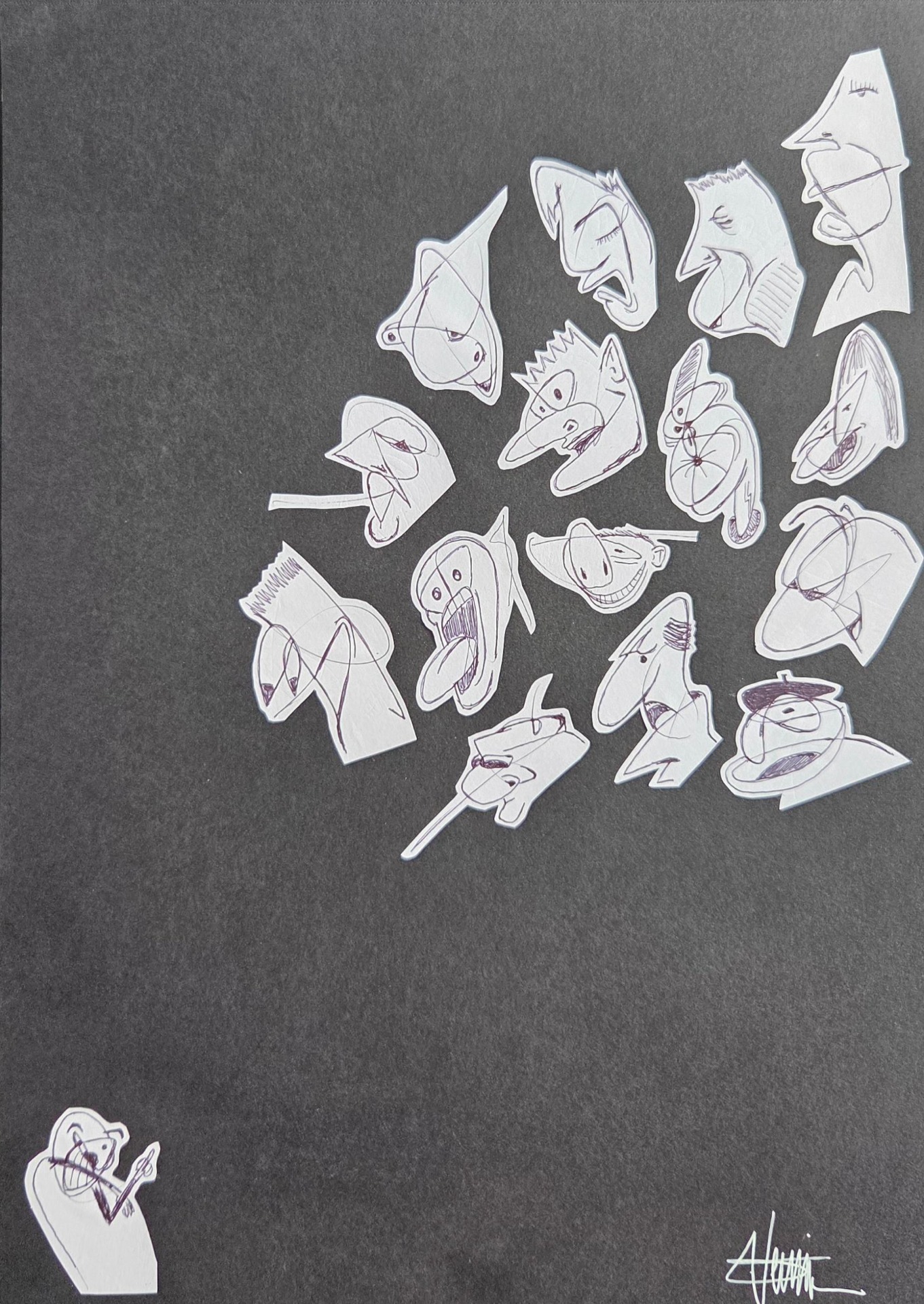 "L'exclusion" by Sébastien Vernier (Posca, stylo bille et collages sur papier Canson, 30x42 cm). For sale. A vendre. 160 €