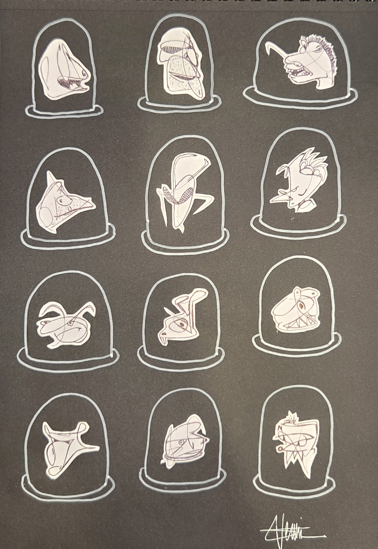 "Cabinet de curiosités" by Sébastien Vernier (Posca, stylo bille et collages sur papier Canson, 30x42 cm). For sale. A vendre. 120 €.