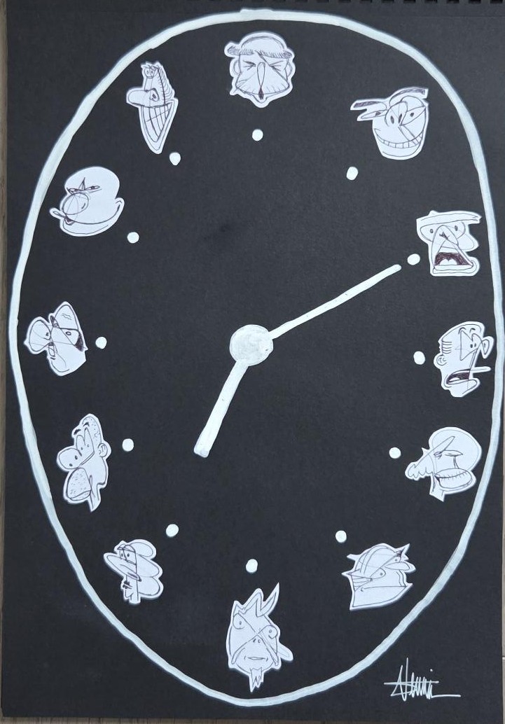 "Le temps passe" by Sébastien Vernier (Posca, stylo bille et collages sur papier Canson, 30x42 cm). For sale. A vendre. 120 €.