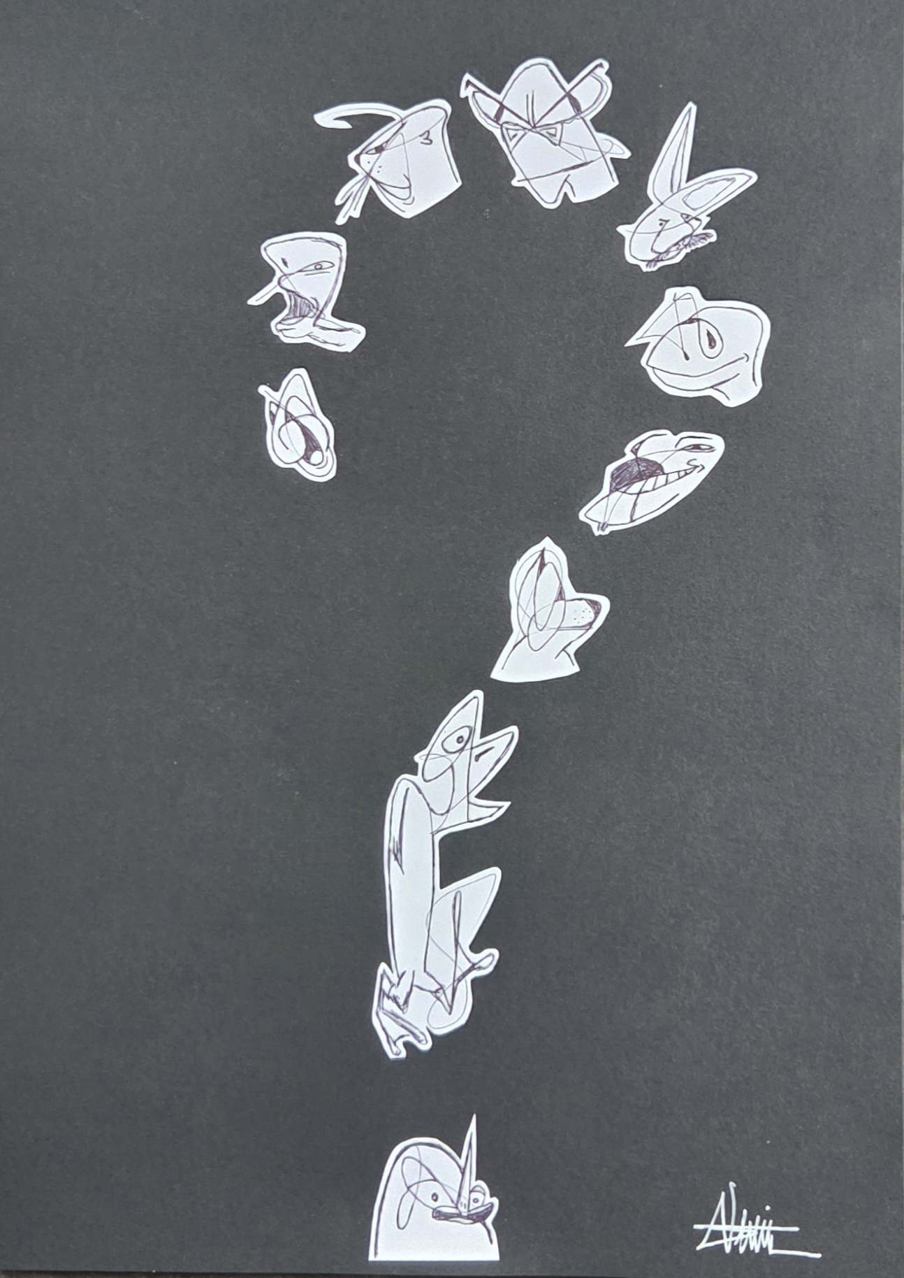 "WTF ?" by Sébastien Vernier. Posca, stylo bille et collages sur papier Canson, 30×42 cm. For sale. A vendre. 100€