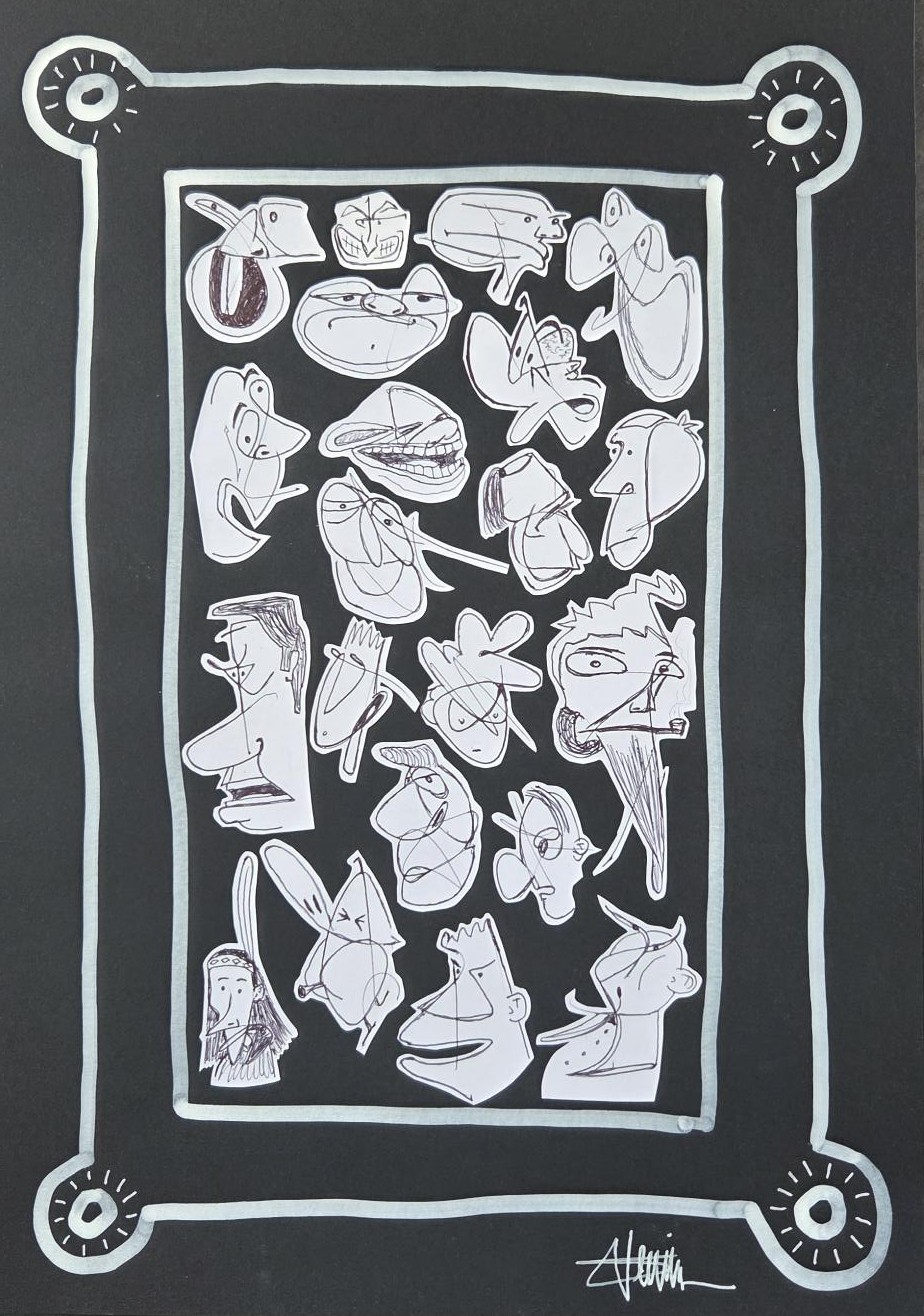 "Portrait(s)" by Sébastien VERNIER (Posca, stylo bille et collages sur papier Canson, 30x42 cm). A vendre. For sale. 210€