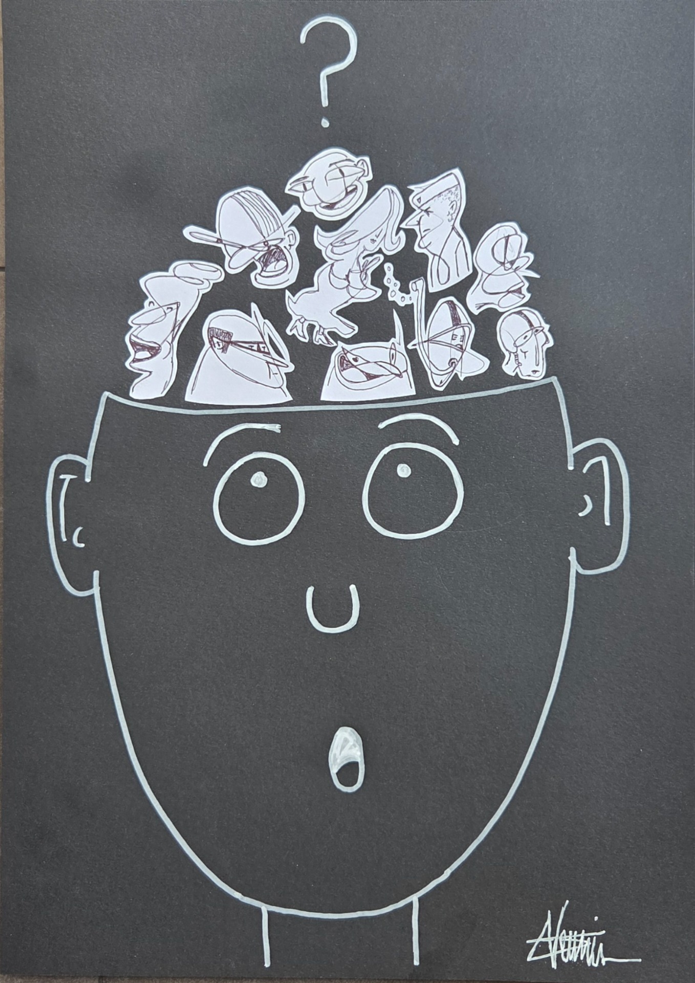 "Dans ma tête" by Sébastien Vernier (Posca, stylo bille et collages sur papier Canson, 32x40 cm). S O L D