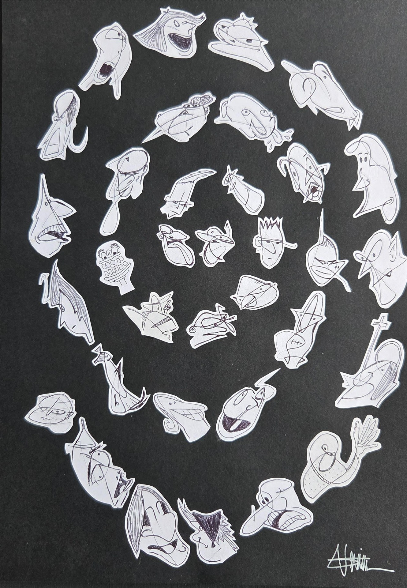 "Spirale" by Sébastien Vernier (Posca, stylo bille et collages sur papier Canson, 30x42 cm). For sale. A vendre.