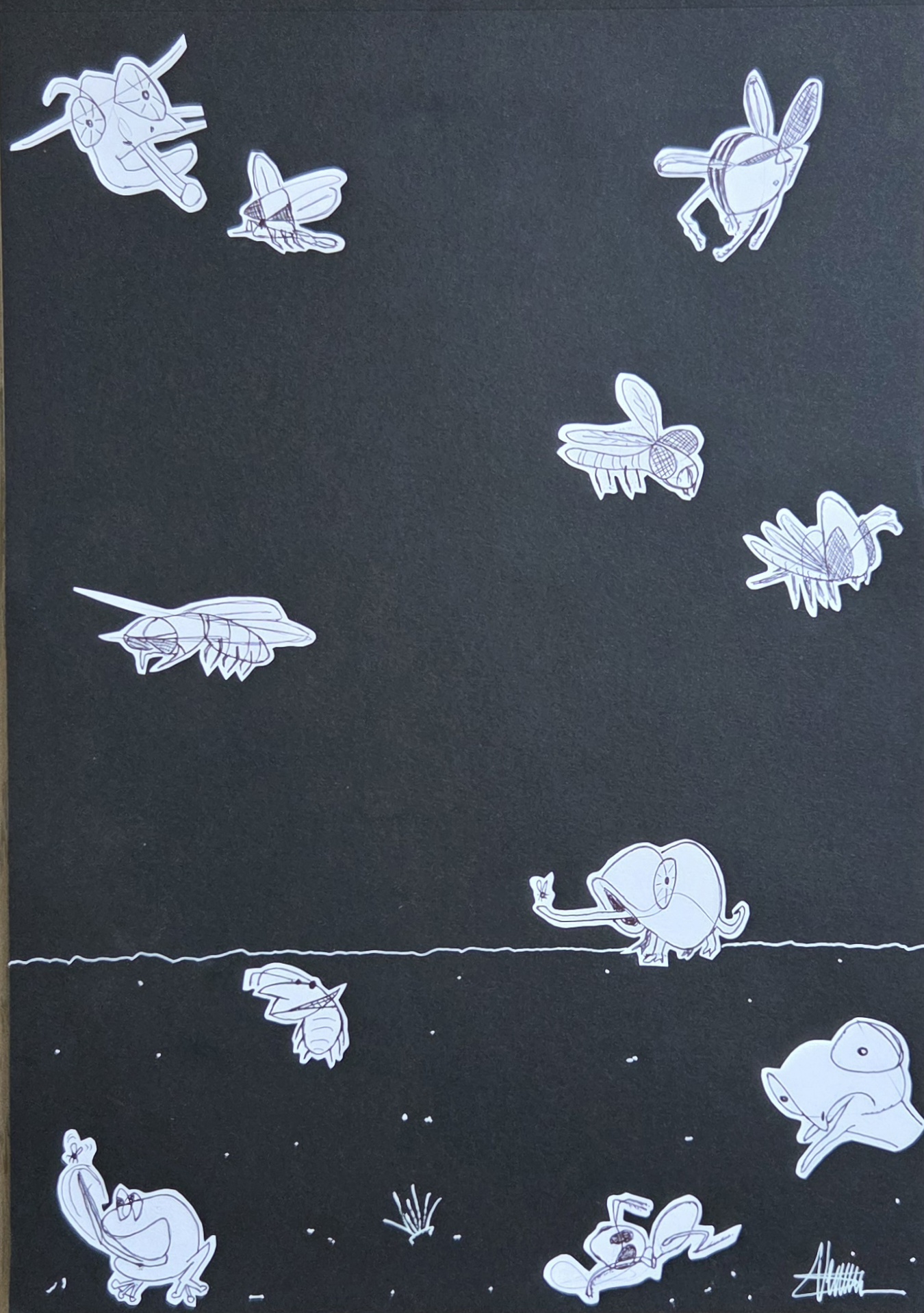 "Insects" by Sébastien Vernier (Posca, stylo bille et collages sur papier Canson, 30x42 cm). For sale. A vendre.