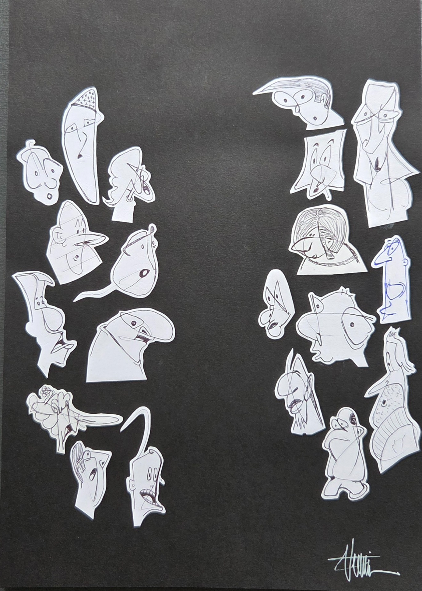 "Astonishment" by Sébastien Vernier (Posac, stylo bille et collages sur papier Canson, 30x42 cm). For sale. A vendre.