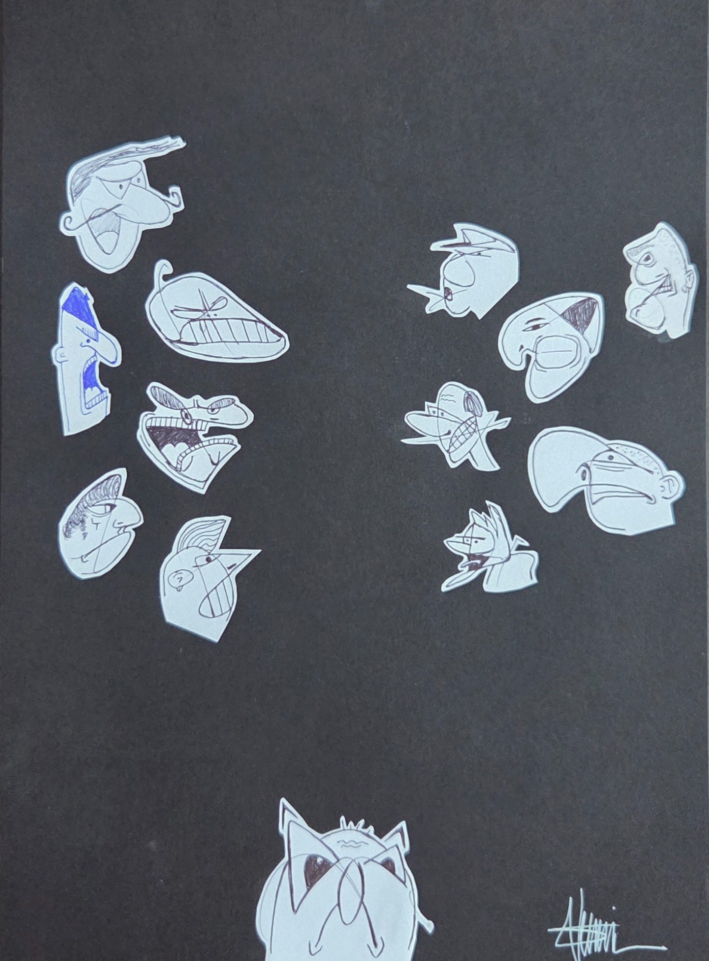 "Angry" by Sébastien Vernier (Posca, stylo bille et collages sur papier Canson, 30x42 cm). For sale. A vendre