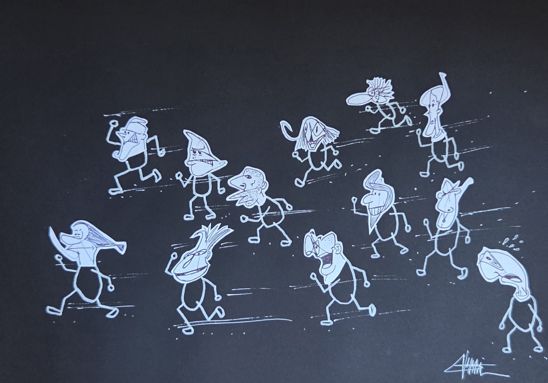 "The run" by Sébastien Vernier (Posac, stylo bille et collage sur papier Canson, 42x30 cm). For sale. A vendre.