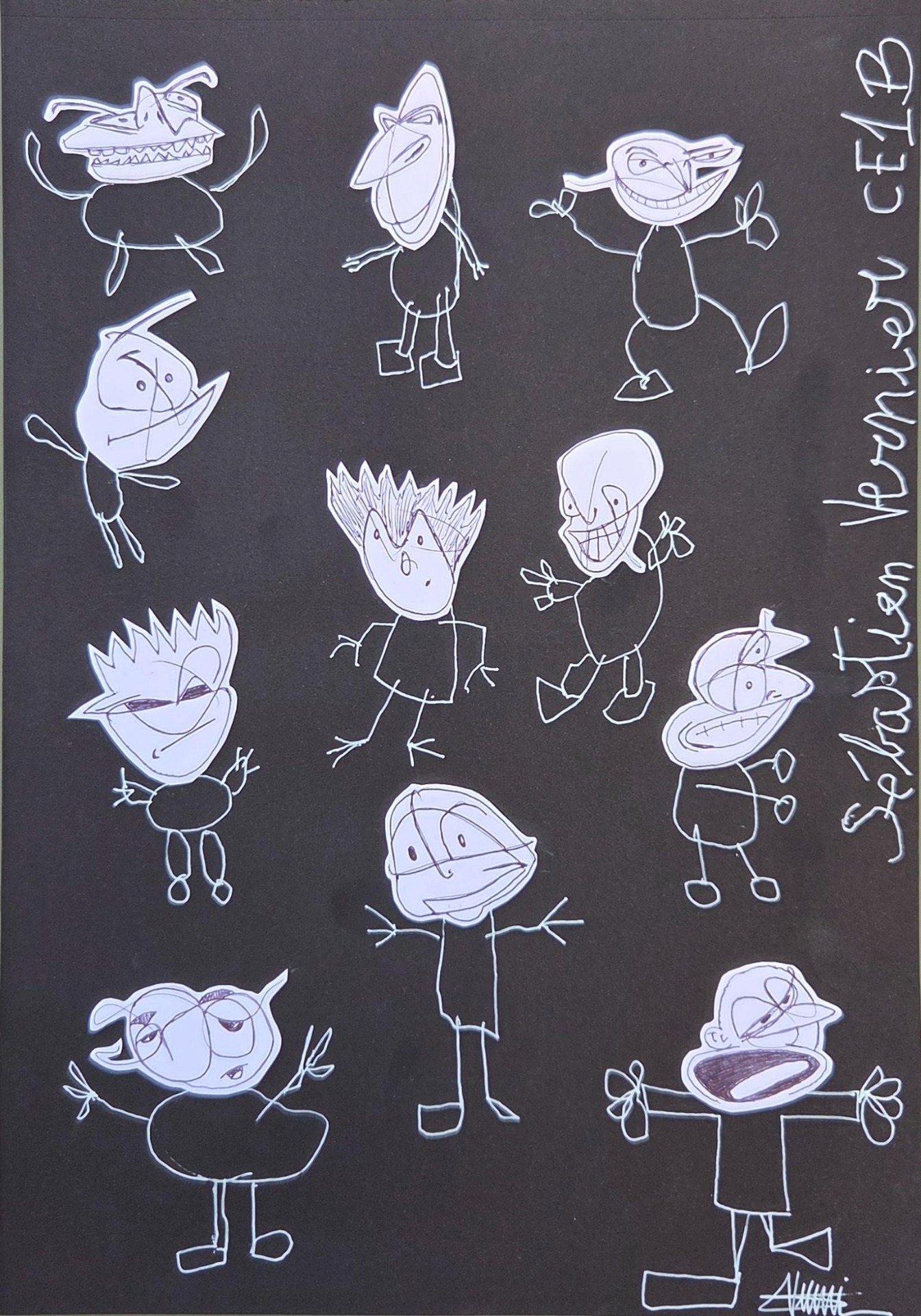 "CE1B : Les bonhommes" by Sébastien Vernier (Posca, stylo bille et collages sur papier Canson, 30x42 cm). For sale. A vendre.