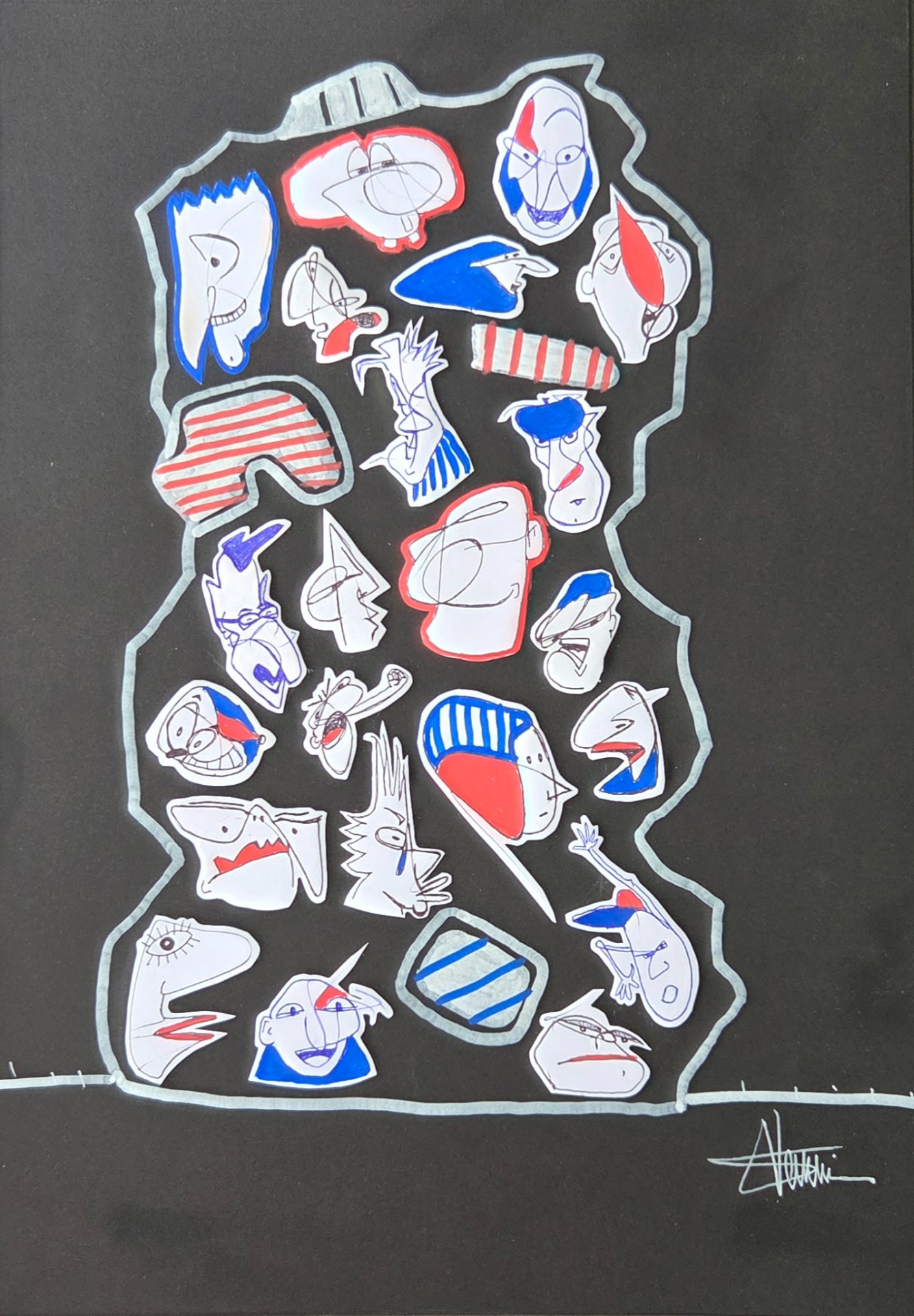 "La tour aux (vraies) figures" - Hommage à Jean Dubuffet by Sébastien Vernier (Posca, stylo bille et collages sur papier Canson, 30x42 cm). For sale. A vendre.